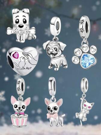 1 件时尚 925 纯银可爱宠物小狗系列串珠适合女士手链手镯 DIY 珠宝制作和日常服装搭配珠宝装饰适合女孩