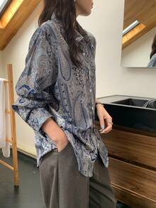 Plus Size Bohemian Paisley Printed Long Sleeve Button-Up Shirt - Baby Blue - View 4