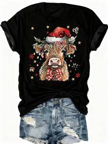 Howell Christmas Graphic T-Shirt - Festive Cow Wearing Santa Hat And Lights Print, Soft And Casual Crew Neck Top