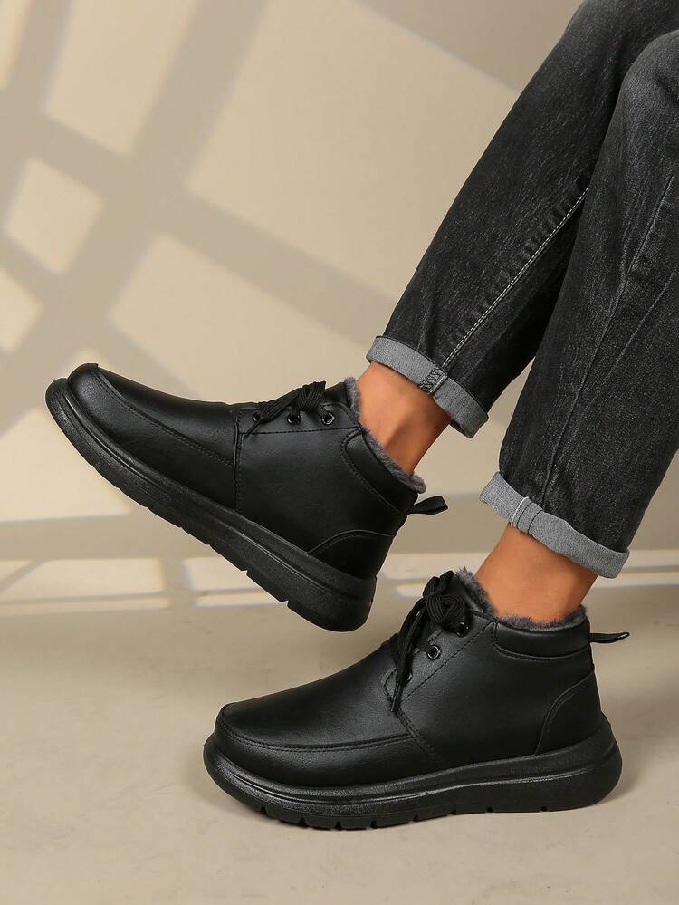 Botas de nieve de invierno para hombres, botas cortas cálidas, zapatos casuales de caña alta - Negro - Añade 2