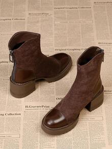 2025新款女士靴子，厚底时尚踝靴，复古拼接内里抓绒，适合搭配裙装，秋冬款 - 棕色 - 查看 4