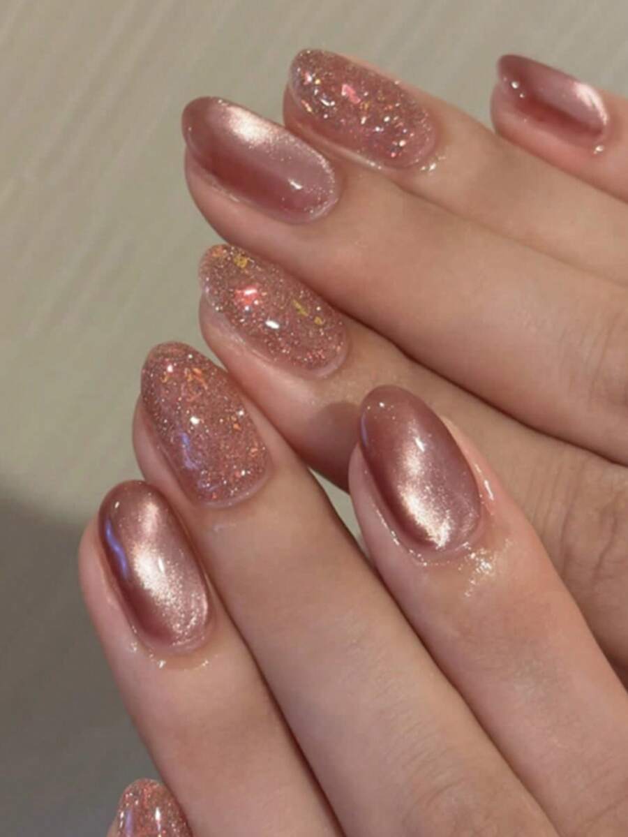 24 piezas de pegatinas de uñas con efecto de ojo de gato brillante, uñas postizas con brillo, set de pegatinas de arte de uñas ovaladas cortas que incluye 1 pieza de pegatina adhesiva y 1 pieza de lima de uñas mini, adecuado para suministros de uñas de uso diario - Multicolor - Ver 1