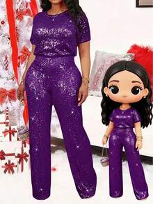 春夏女士派对套装，纯色圆领短袖上衣和裤子，带口袋的华丽时尚亮片裤子