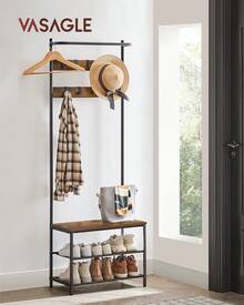 VASAGLE Hall Tree With Bench And Shoe Storage, Entryway Bench With Coat Rack Stand And Shoe Rack, 9 Movable Hooks, Top Bar, Fabric Shelves, Industrial, Rustic Brown And Black - Yellow-brown - View 2