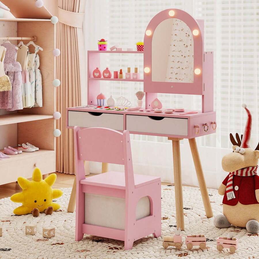 Lifezeal Kids Vanity Set With 3-Color Lighting Modes, Adjustable Brightness, Mirror Cabinet White/Pink - Hồng - Xem 1