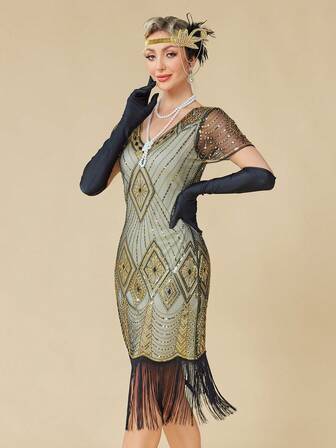 1920年代的爵士女郎连衣裙，盖茨比风格的20年代女士连衣裙，薄纱串珠袖服装