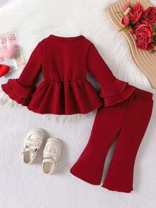 女婴优雅可爱长袖上衣+裤子套装，薄款纯色简约风格，春秋季