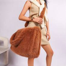Long Strap Faux Fox Fur Tote - -Wide Large Capacity Tote Bag - Brown - View 1