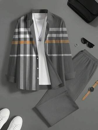 男士加大码西装，男士加大码衬衫套装，印花可机洗，两件套长袖衬衫和长裤，加大码男装。