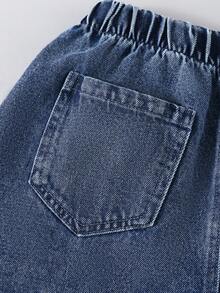 1件女童复古蓝色猫须做旧宽松直筒牛仔裤，休闲户外装，秋冬季 - 中等水洗藍 - 查看 7