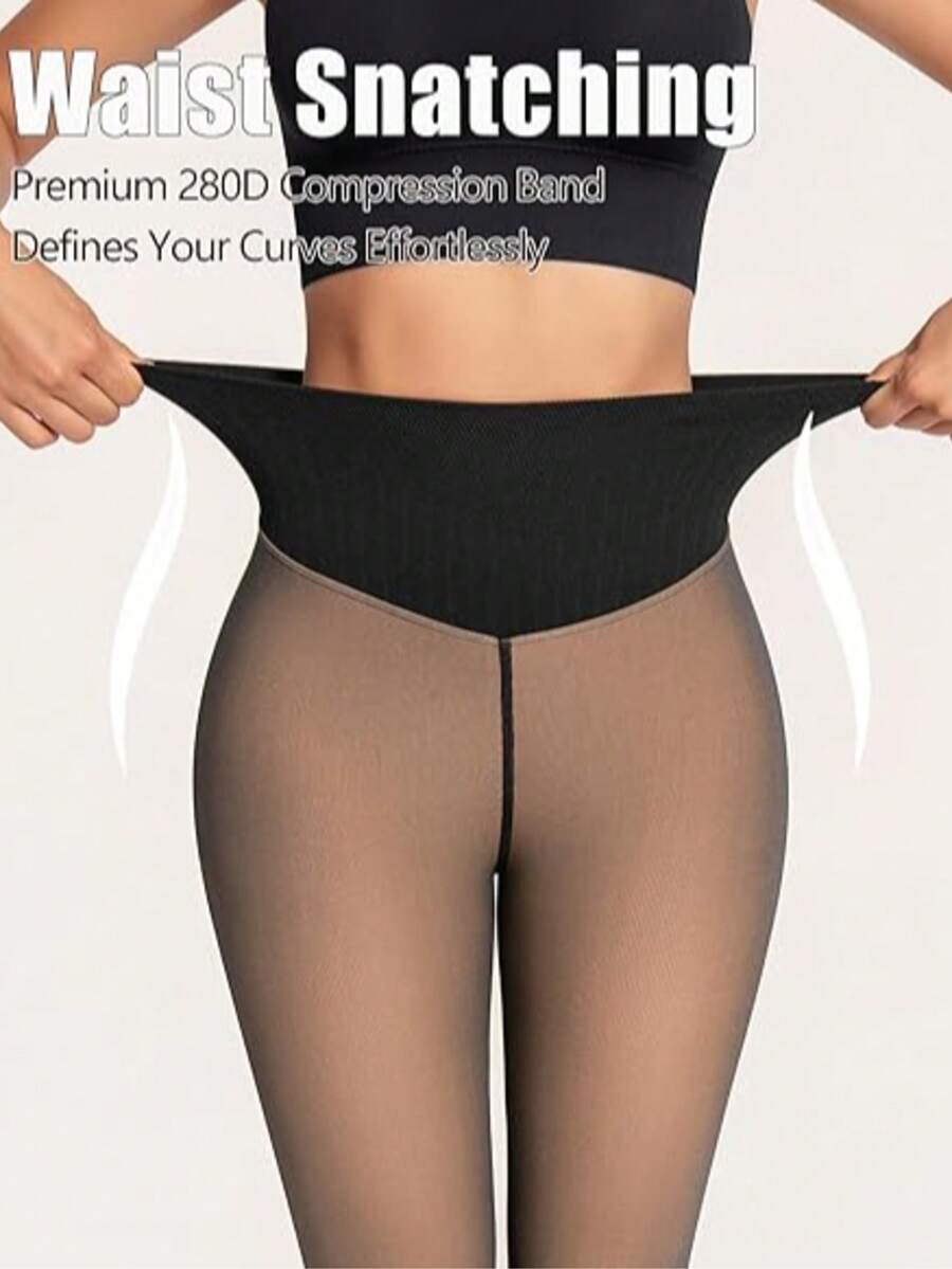 A Women's Seamless Lined Tight Pants With Added Insulation. A Faux See-Through Warm Base Pant With A New Design For Lifting The Abdomen And Enhancing The Buttocks. Suitable For Winter. Warm, Comfortable And Tummy-Controlling. - 黑透膚 - 查看 1