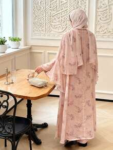 两件套优雅休闲雪纺花卉喇叭袖长袍开衫，适合度假、休闲、派对等场合。 - 粉色 - 查看 2