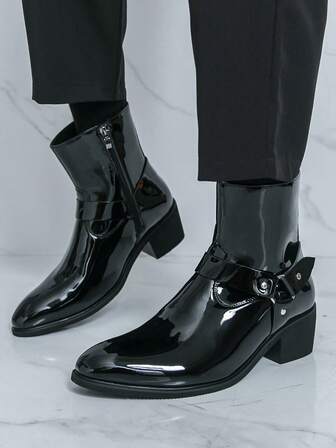Glossy Black Chelsea Boots, Punk British Style Side Zipper Design, Glossy Material Easy To Clean, Suitable For Fashion Parties, Light Business Occasions And Street , Unisex Versatile Chelsea Boots