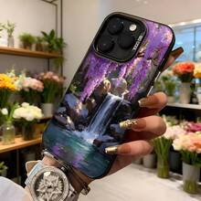 Cubierta de telefono con diseño de cascada y flores moradas para iPhone 14 Pro Max color negro con impresion de paisaje natural y texto CASENO ideal para uso diario en floristeria o eventos elegantes Aplicable a los teléfonos de la serie Apple y Galaxy - Negro - Ver 6