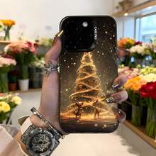 Funda de teléfono con diseño de árbol de Navidad dorado y perros en escena mágica negro para iPhone funda navideña decorativa para fiestas y regalos Aplicable a los teléfonos de la serie Apple y Galaxy - Blanco - Ver 3