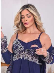 Camisola Amamentação com Robe Gestante Pós Parto de Luxo, Saída de Maternidade - Azul Marinho - Visão 9