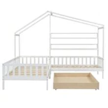 Children's Cabin Bed With Drawers And Shelves, Solid Wood With Guardrail And Slatted Base, L-Shaped Structure, Natural (90x200 Cm+140x70cm) - White - View 5
