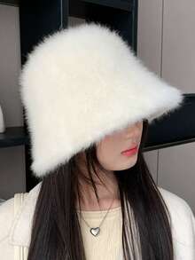 1pc Korean Style Faux Fur Bucket Hat, Women - Fluffy & Warm, With Ear Protection Design, Perfect For Keeping Warm In Autumn/Winter