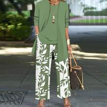 3pcs/Set Plus Size Women Casual Loose Printed Wide Leg Pants, Long Sleeve Cardigan And Tank Top Outfit, Suitable For Beach, Commute, Autumn/Winter - màu xanh lá - Xem 11