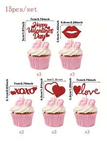 15件套红色/金色情人节蛋糕装饰 - 闪亮爱心、嘴唇、XOXO、LOVE符号蛋糕插牌 - 适用于情人节派对、生日、订婚、婚礼、周年纪念庆祝活动 - 紅色 - 查看 2