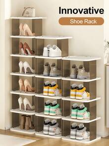 Shoe Rack For Closet, Space Saving Shoe Organizer, Sturdy Storage Shelf, Closet Organizers And Storage, Shoe Cabinet For Upright Or Upside Down, Large Space Fit All Shoe Sizes, Stackable Free Standing Shoe Rack For Entryway, Garage, Corridor, Apartment Essentials, Home Organization - White & Brown - View 3
