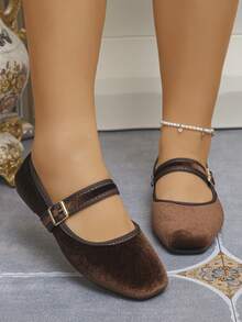Dép bệt đế bằng gót thấp mũi vuông dáng rộng cho nữ, màu nâu đậm (nhung), giày thoải mái nhẹ nhàng hàng ngày, cỡ lớn EU 36-43. - Nâu sẫm (nhung) - Xem 4