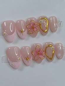 10 móng tay giả màu hồng kiểu Babushka Y2K hình hạnh nhân ngắn, viền vàng, chạm khắc 3D, đơn giản, đa năng, kiểu Pháp, làm thủ công, có thể đeo hàng ngày, phù hợp cho phụ nữ, móng tay giả dán, dụng cụ làm móng. - Hồng - Xem 3