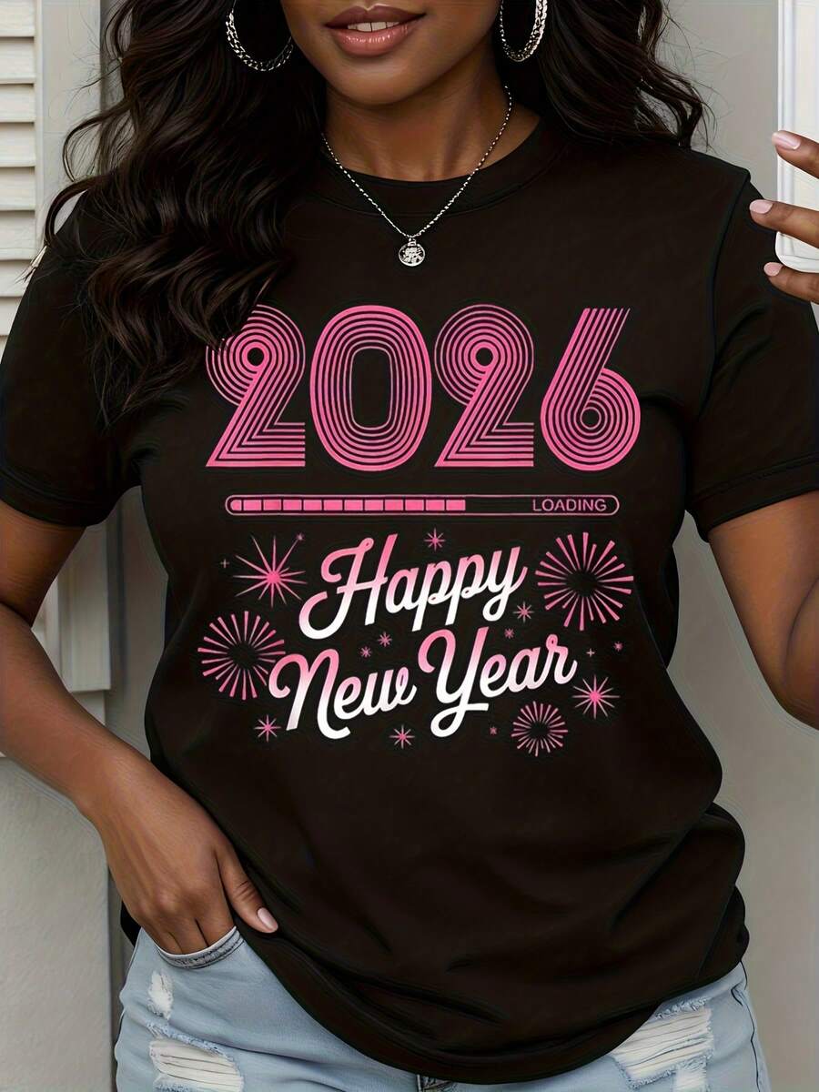 2026 Happy New Year Loading Pink Graphic T-Shirt Women's Casual Celebration Shirt - màu đen - Xem 1