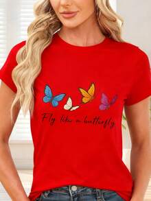 Colorful Butterfly Print T-Shirt For Casual Occasions - Red - View 6