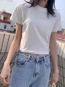 Short Sleeve T-Shirt, Solid Color, New Summer Style, Slim Fit, Versatile, Round Neck Top Casual White - White - View 2