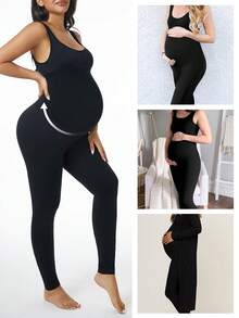 孕妇纯色高弹力可扩展全长收腹裤 - 黑色 - 查看 5