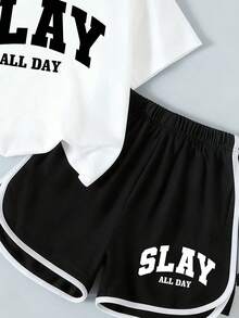 女童字母印花圆领短袖T恤和短裤休闲套装 - 白色 - 查看 4