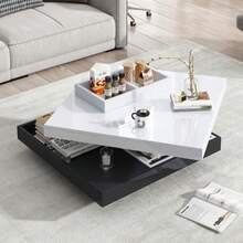 High-Gloss Tabletop, Functional Coffee Table, Living Room Table, 360° Rotatable, 2-Tier Rotating Tabletop With Storage Compartment, White Living Room Tabletop, Black Base 70*70*36 Cm - Black,White - View 3