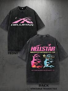 Y2K Vintage T Shirts | Graphic Tees |  Hel&Star Logo With Flames And Stars  | Streetwear  | Thanksgiving Gifts | Gifts For Men  | 100% Cotton | 230Gsm Thickened Fabric  | Unisex - 黑色 - 查看 1