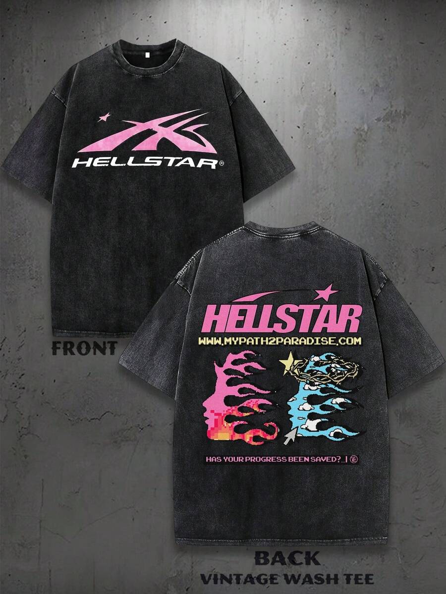 Y2K Vintage T Shirts | Graphic Tees | Hel&Star Logo With Flames And Stars | Streetwear | Thanksgiving Gifts | Gifts For Men | 100% Cotton | 230Gsm Thickened Fabric | Unisex - 黑色 - 查看 1