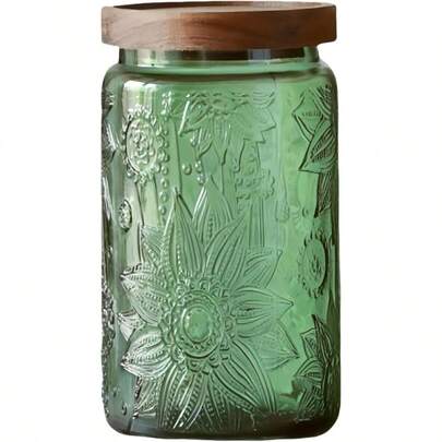 Vintage Glass Storage Jar With Solid Wood Lid Sunflower Design Kitchen Canister For Coffee Candy Laundry Detergent Cute Food Storage Jar Green 34 Ounces