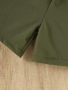 2pcs/Set Young Boys Colorblock Letter Print Button-Down Short Sleeve Shirt And Solid Simple Comfortable Shorts, Summer - Olive Green - View 8