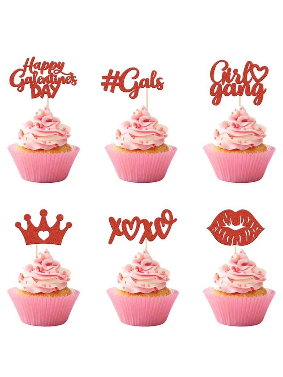 12pcs Red Happy Galentine's Day Cake Decorations - Glitter Bestie Holiday Love Lips XOXO Cupcake Toppers - Suitable For Galentine's Day Friends Party Decor, Valentine's Day Party Decor - Multicolor - View 1