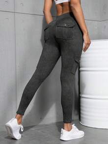 3pcs Women's Outdoor Cargo Pockets Skinny Pants, Washed & Camouflage Print High Waist Tight Leggings For Sports, Casual, Fitness