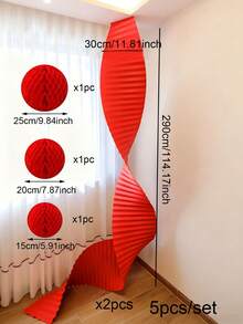 5件套情人节婚礼天花板装饰红色瓦楞纸花环，红色蜂窝球，适用于婚礼、新年派对装饰、婚房庆典墙面装饰、客厅卧室中式婚礼装饰、房间装饰