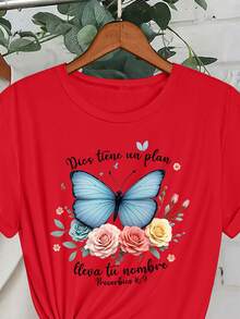 Howell 百搭时尚女款黑色短袖T恤，手绘雏菊和花卉印花，休闲清新 - 紅色 - 查看 3