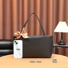 Women's Casual Litchi Grain Handbag, Large Capacity Black Shoulder Bag, Comes With Exquisite Scarf Tote - Black - View 4