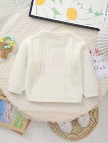 Girls Knitted Sweater With Delicate "Big Sister" Embroidery And White Floral Pattern, Soft And Warm - White - View 9