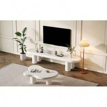 Modern TV Stand And Cloud-Shaped Coffee Table Set – White TV Stand With Rounded Edges (For 65-Inch TVs) And Artistic Cloud-Shaped Side Table