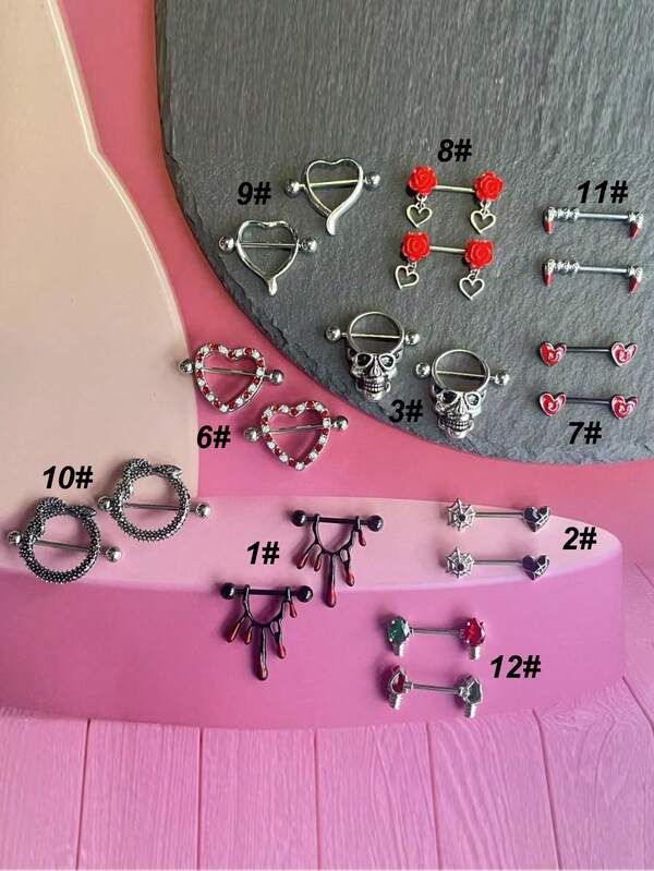 2pcs Medical Grade Hypoallergenic Titanium Steel Nipple Rings - Skull, Spider Web, Cupid, Snake, Christmas Candy Cane, Red Rose Heart, Zirconia Heart, Smiling Face Designs