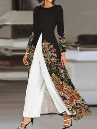 Moderna, avslappnade, semesterinspirerade, eleganta och mångsidiga ytterkläder för kvinnor, lämpliga för utekvällar, hem, resor, arbete, ny höst-/vinterkollektion, blommig, rund halsringning, långärmad tunika