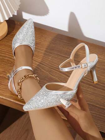 银色亮片尖头细高跟女鞋