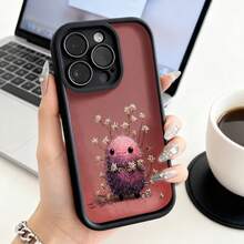 Cubierta de teléfono con borde negro color rojo oscuro con diseño de planta peluda rosa y flores secas para uso diario en oficina o hogar - Negro - Ver 2