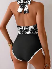 Women's New European & American Style One-Piece Swimsuit, Digital Print Handmade Knitted Tummy Slimming Swimwear, For Summer Beach Vacation - Black - View 2