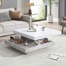 High-Gloss Tabletop, Functional Coffee Table, Living Room Table, 360° Rotatable, 2-Tier Rotating Tabletop With Storage Compartment, White Living Room Tabletop, Black Base 70*70*36 Cm - Marble, White - View 2